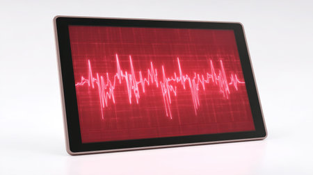 A modern tablet displays a vibrant red ECG waveform, illustrating heartbeat data for medical and health purposes. This image embodies technology in healthcare.の素材