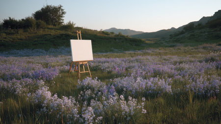 A serene landscape features an empty canvas on an easel surrounded by blossoming flowers in a peaceful meadow at dusk. Perfect for artistic inspiration.の素材