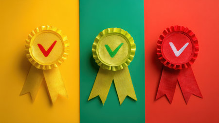 A vibrant arrangement of colorful achievement ribbons featuring check marks on bright backgrounds symbolizes success and recognition, ideal for concepts of awards and motivation.の素材
