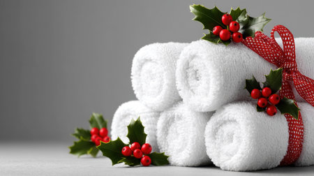 A beautiful arrangement of fluffy white towels adorned with holly berries and a red ribbon, creating a serene holiday atmosphere perfect for seasonal celebrations.の素材