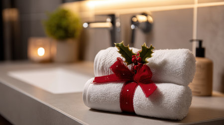 A beautifully arranged set of luxurious spa towels tied with a festive ribbon and holly leaves against a modern bathroom backdrop, perfect for holiday relaxation.の素材