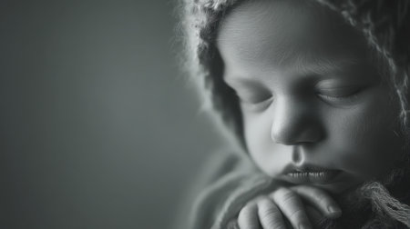 A tranquil portrait of a sleeping newborn baby, showcasing a peaceful expression while wrapped in soft fabric, creating a calming atmosphere.の素材