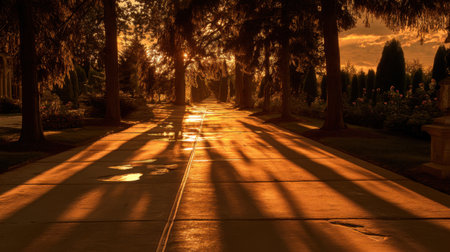 This image captures a tranquil pathway at sunset, with tall trees casting long shadows over a smooth pavement, creating a serene atmosphere.の素材