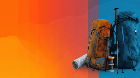 This image showcases vibrant outdoor adventure gear, featuring colorful backpacks and essential hiking equipment against a stylish background. Perfect for travel inspiration!の素材
