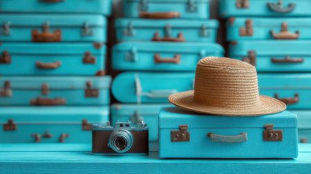 A charming arrangement featuring a vintage camera, a straw hat, and a retro suitcase against a vibrant blue background, evoking travel inspiration.の素材
