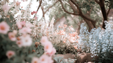 A picturesque garden scene showcasing vibrant flowers in various colors surrounded by lush greenery and soft natural light. Perfect for nature enthusiasts.の素材