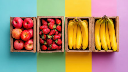 A vibrant and colorful arrangement of fresh apples, strawberries, and bananas presented in wooden baskets on a contrasting bright background. Ideal for healthy lifestyle concepts.の素材