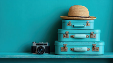 A charming arrangement featuring vintage suitcases stacked together, a classic camera, and a straw hat against a vibrant turquoise background. Perfect for travel themes!の素材