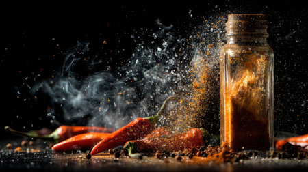 Capturing the explosive beauty of chili powder, fresh chilies, and spices set against a dark background, this image exudes vibrant culinary inspiration.の素材