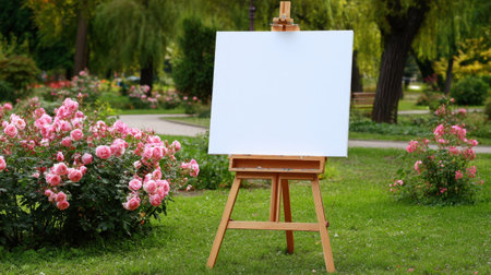 A blank canvas set on a wooden easel stands elegantly in a tranquil garden, surrounded by vibrant pink roses, inviting creativity and inspiration.の素材