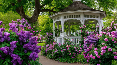 A picturesque gazebo stands gracefully surrounded by vibrant lilacs and pink roses, inviting visitors to enjoy serene moments in nature's beauty.の素材