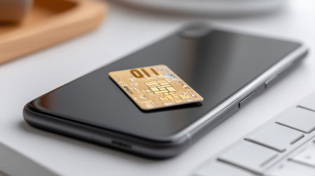 Close-up of a smartphone with a credit card resting on a sleek desk, showcasing modern technology and online shopping possibilities in everyday life.の素材