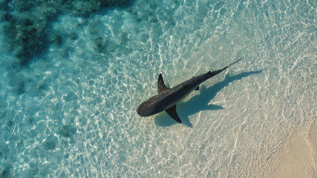 An aerial view of a shark swimming calmly in the turquoise waters, showcasing the beauty of marine life in a peaceful coastal setting.の素材
