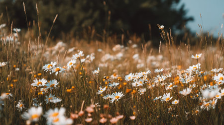 A serene meadow showcases a vibrant display of wildflowers, including daisies, against a clear blue sky, creating a tranquil natural landscape.の素材