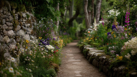 A tranquil garden pathway flanked by vibrant flowers and lush greenery, inviting visitors to explore the serene landscape in a natural setting.の素材