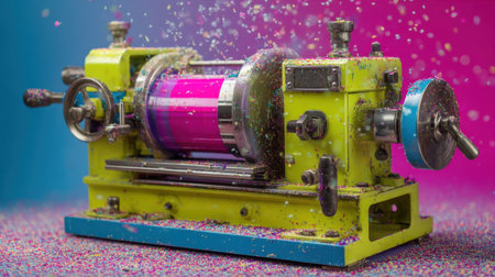 This whimsical printing machine showcases vibrant colors and is adorned with sparkling glitter and confetti, perfect for creative projects.の素材