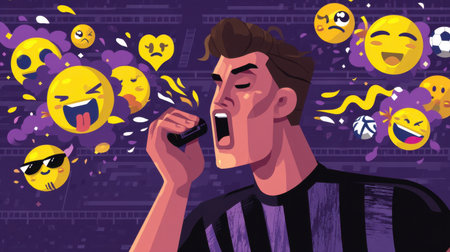 A vibrant illustration of a male referee blowing a whistle, surrounded by colorful emojis expressing various crowd emotions, capturing the excitement of sports.の素材