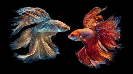 This captivating image showcases two betta fish in vibrant colors, highlighting their stunning long fins and graceful movements against a black background.の素材