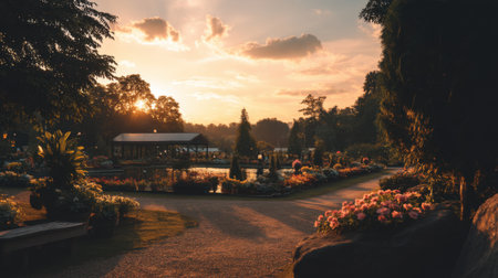 A breathtaking view of a serene garden at sunset, showcasing vibrant flowers along a winding pathway. The tranquil atmosphere invites relaxation and exploration.の素材
