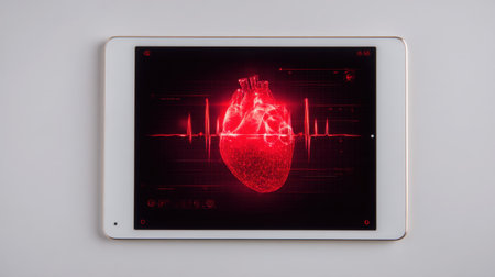 A striking digital illustration displaying a red heart anatomy on a tablet with heartbeat visualization, ideal for medical technology concepts.の素材