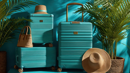 A vibrant turquoise luggage set accompanied by a stylish hat and bag rests against a vivid backdrop with lush tropical leaves. Ideal for travelers.の素材