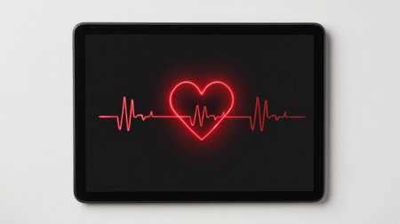 A vibrant red heartbeat line gracefully displayed on a tablet screen against a dark background, symbolizing love, health, and modern technology.の素材