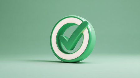 This image showcases a green check mark symbol set against a soft green background. The three-dimensional icon conveys approval, success, and validation, making it ideal for use in various contexts such as business, education, and personal achievement.の素材