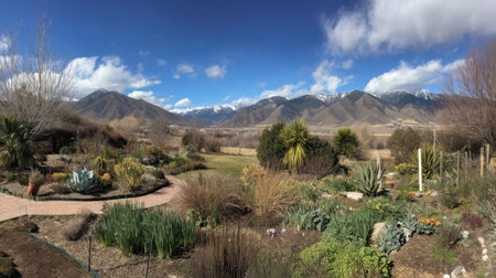 A stunning panoramic view of a vibrant garden radiating life and color, framed by majestic mountains under a clear blue sky with white clouds.の素材