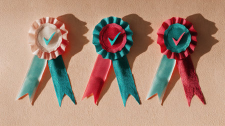Vibrant and colorful award ribbons featuring check marks symbolize achievement and recognition in various competitions and events. Perfect for celebration.の素材