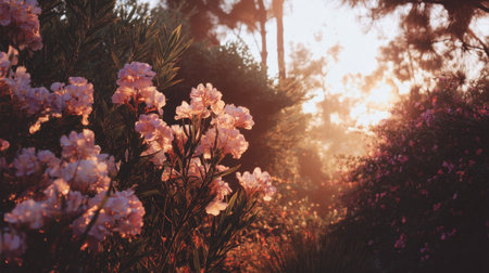A stunning sunset scene featuring delicate pink flowers in a lush meadow, capturing the serene beauty of nature's glow. Perfect for relaxation.の素材