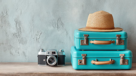 Capture the essence of travel with this vintage setup, featuring a classic camera, a straw hat, and stylish turquoise luggage on a rustic wooden surface.の素材