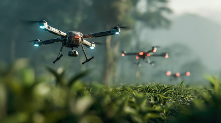 A serene view of drones flying over a lush green tea plantation set against a majestic mountain backdrop during golden hour, highlighting modern agricultural technology in action.の素材