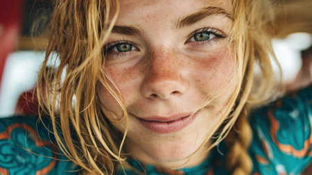 A joyful young girl with freckles and bright eyes poses playfully for the camera. Her braided hair and colorful outfit capture the spirit of summer and innocence.の素材