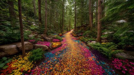 A breathtaking view of a colorful pathway adorned with vibrant flower petals, nestled within a tranquil forest setting surrounded by lush greenery.の素材