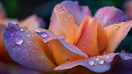 Stunning closeup of delicate rose petals adorned with water droplets, showcasing soft pastel colors and intricate textures found in nature.の素材