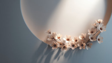 A serene depiction of soft flowers gracefully positioned on a round background, illuminated by gentle light creating soothing shadows, perfect for decor inspiration.の素材