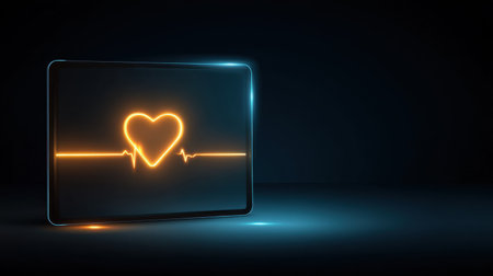A glowing heart symbol connected to a pulse line appears on a digital screen, set against a dark background, representing health and love.の素材