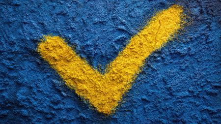 A vibrant yellow check mark stands out against a textured blue surface, symbolizing approval and positivity. Perfect for creative projects and designs.の素材