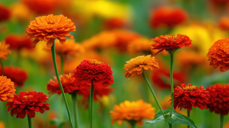 A stunning close-up of vibrant red and orange flowers stands out against a soft green background, capturing the essence of a sunny garden day.の素材