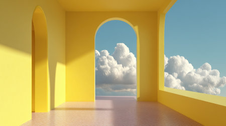 A serene interior featuring bright yellow walls and arched windows showcases a peaceful view of soft clouds under a clear blue sky, evoking a sense of tranquility.の素材