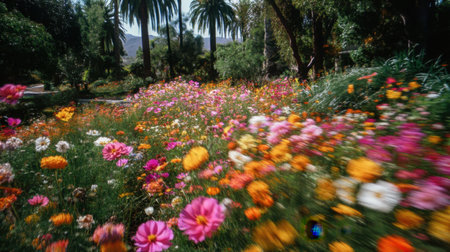 Experience a captivating wildflower garden filled with vibrant colors, lush greenery, and palm trees. The scene captures the essence of nature's beauty and tranquility.の素材