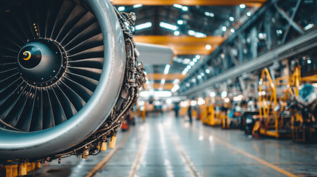 This image features a close-up view of an aircraft engine turbine in a manufacturing plant, showcasing the advanced technology and processes involved in aerospace production.の素材