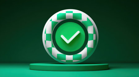 This vibrant green casino chip features a prominent checkmark, symbolizing success in gaming and betting activities. Ideal for use in promotional materials.の素材