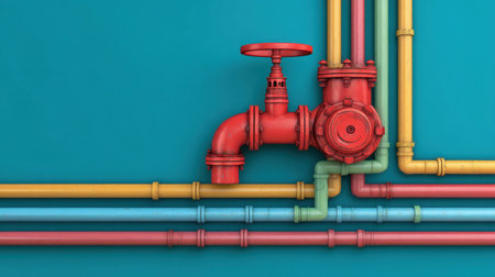 This vibrant image features a red valve connected to multicolored pipes against a blue background, showcasing a stylish and functional plumbing system.の素材