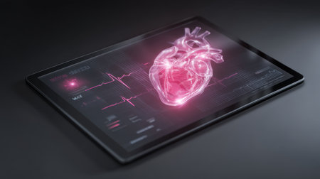 A detailed digital heart model is displayed on a tablet, showcasing an electrocardiogram visualization, representing modern health technology concepts.の素材