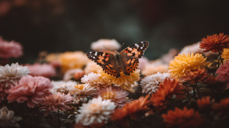 A beautifully detailed butterfly rests delicately on a cluster of vibrant flowers, embracing the soft natural light and gentle bokeh background.の素材