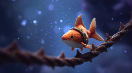 A whimsical depiction of a curious goldfish exploring an otherworldly environment, featuring vibrant colors and floating bubbles that enhance the enchanting atmosphere.の素材