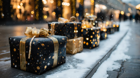 A serene winter scene featuring beautifully wrapped Christmas gifts with shiny golden ribbons resting on snowy pavement in a festive market.の素材