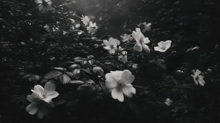 This captivating black and white photograph features delicate white flowers framed by lush foliage, creating a serene and artistic scene.の素材