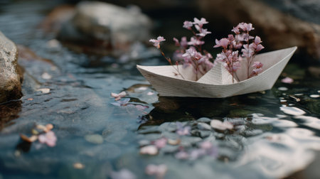 A serene scene featuring a delicate paper boat filled with pink cherry blossom flowers floating gracefully on calm water, surrounded by smooth stones.の素材